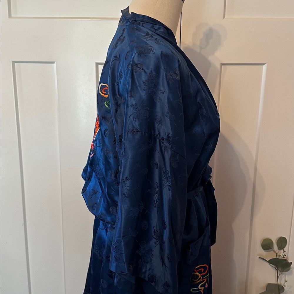 Vintage Esme Women's embroidered dragon embossed Chinese blue L pure silk robe - Picture 9 of 14